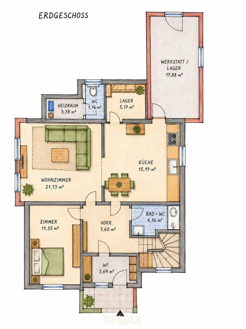 Detaillierter Grundriss des Erdgeschosses mit Wohnzimmer, Küche, Bad und weiteren Räumen.