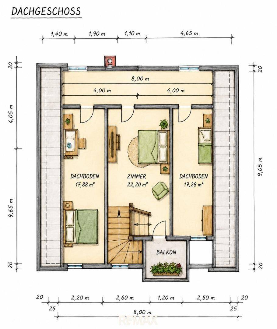 Grundriss des Dachgeschosses mit drei Zimmern, zwei Dachböden und einem Balkon.