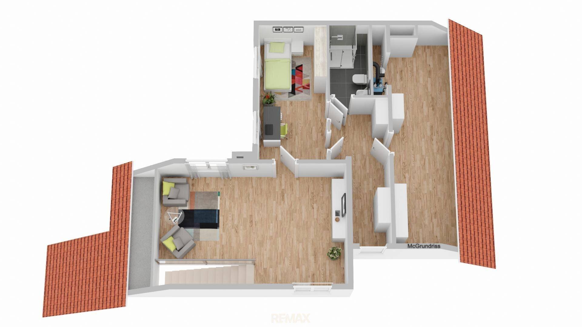 3D-Grundriss einer Wohnung mit Wohnbereich, Schlafzimmer und Badezimmer unter Dachschrägen.