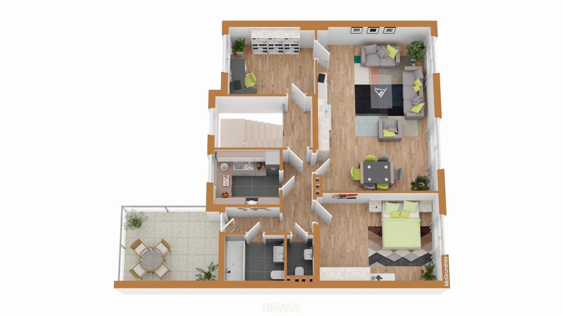 Grundriss des Obergeschosses mit Schlafzimmern, Bad und Zugang zum Balkon.