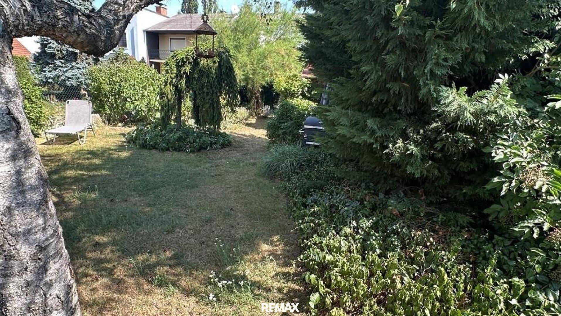 Gepflegter Garten mit Rasen, Bäumen und einem Grillbereich im Hintergrund.