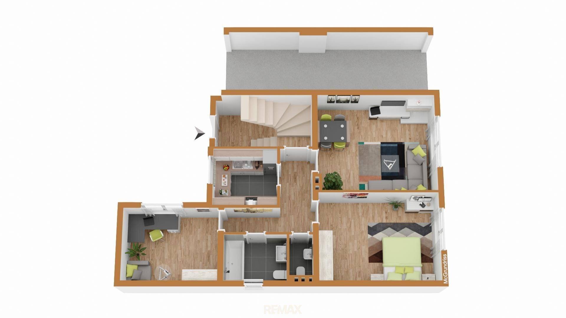 Grundriss des Erdgeschosses mit offenem Wohnbereich, Schlafzimmer und Bad.