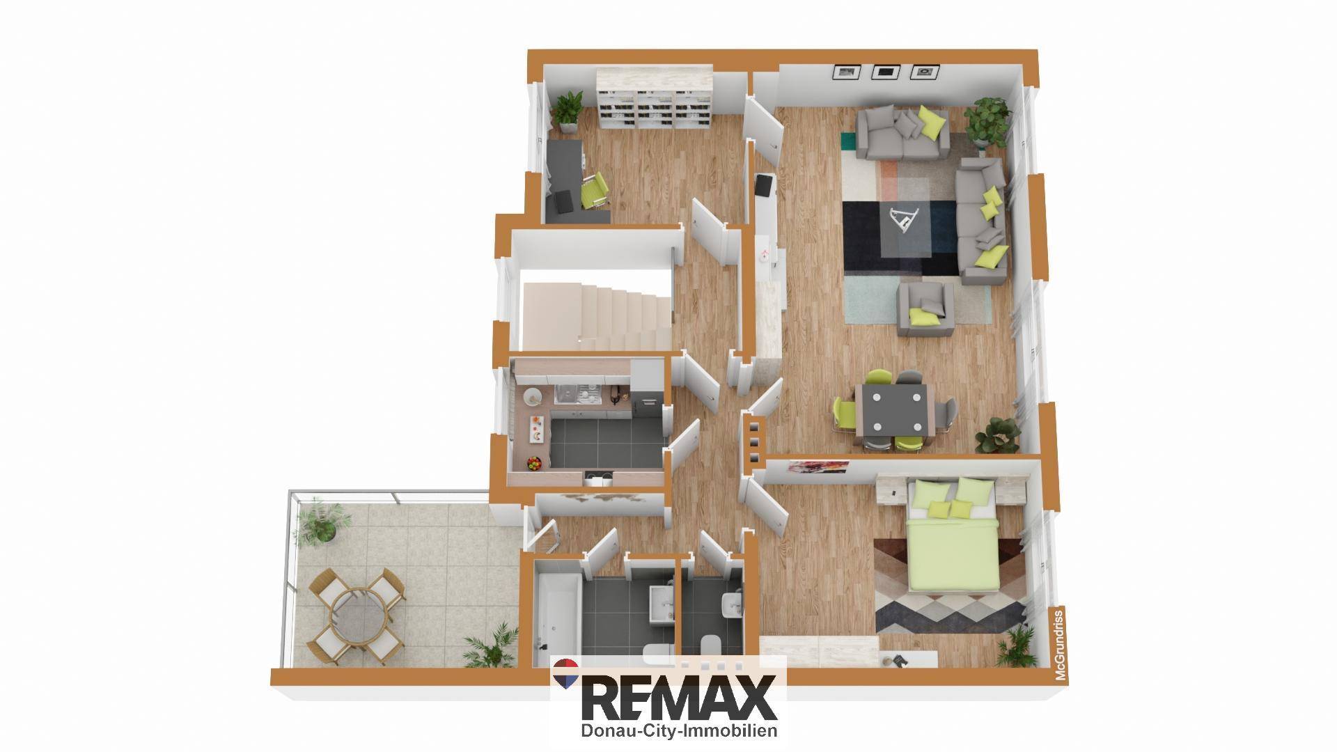 Übersichtlicher 3D-Grundriss mit offenem Wohnbereich, Schlafzimmern und Balkon.