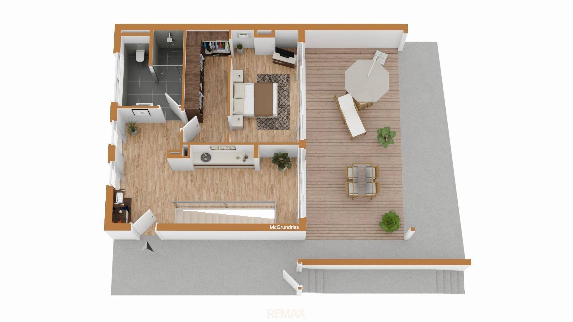 Grundriss des Obergeschosses mit Schlafzimmer, Bad und großer Terrasse.