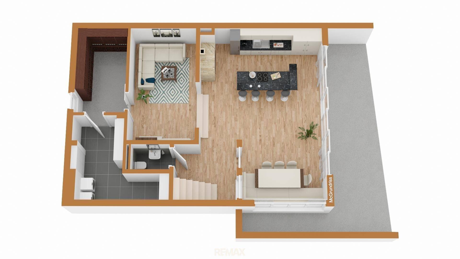 Grundriss des Erdgeschosses mit offener Küche, Essbereich und Wohnzimmer.