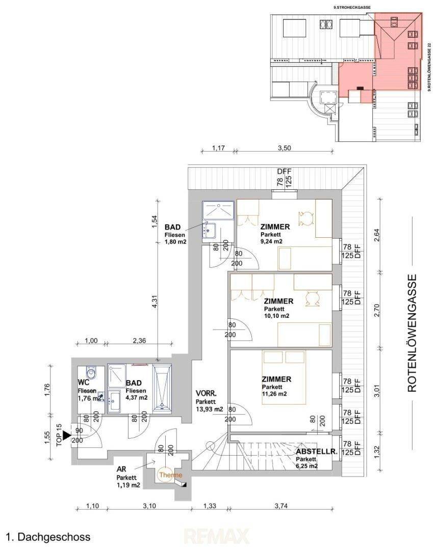 Grundriss des 1. Dachgeschosses mit drei Zimmern, Bad und WC.
