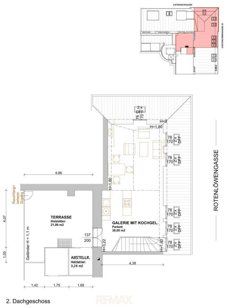 Grundriss des 2. Dachgeschosses mit Galerie, Küche und großer Terrasse.