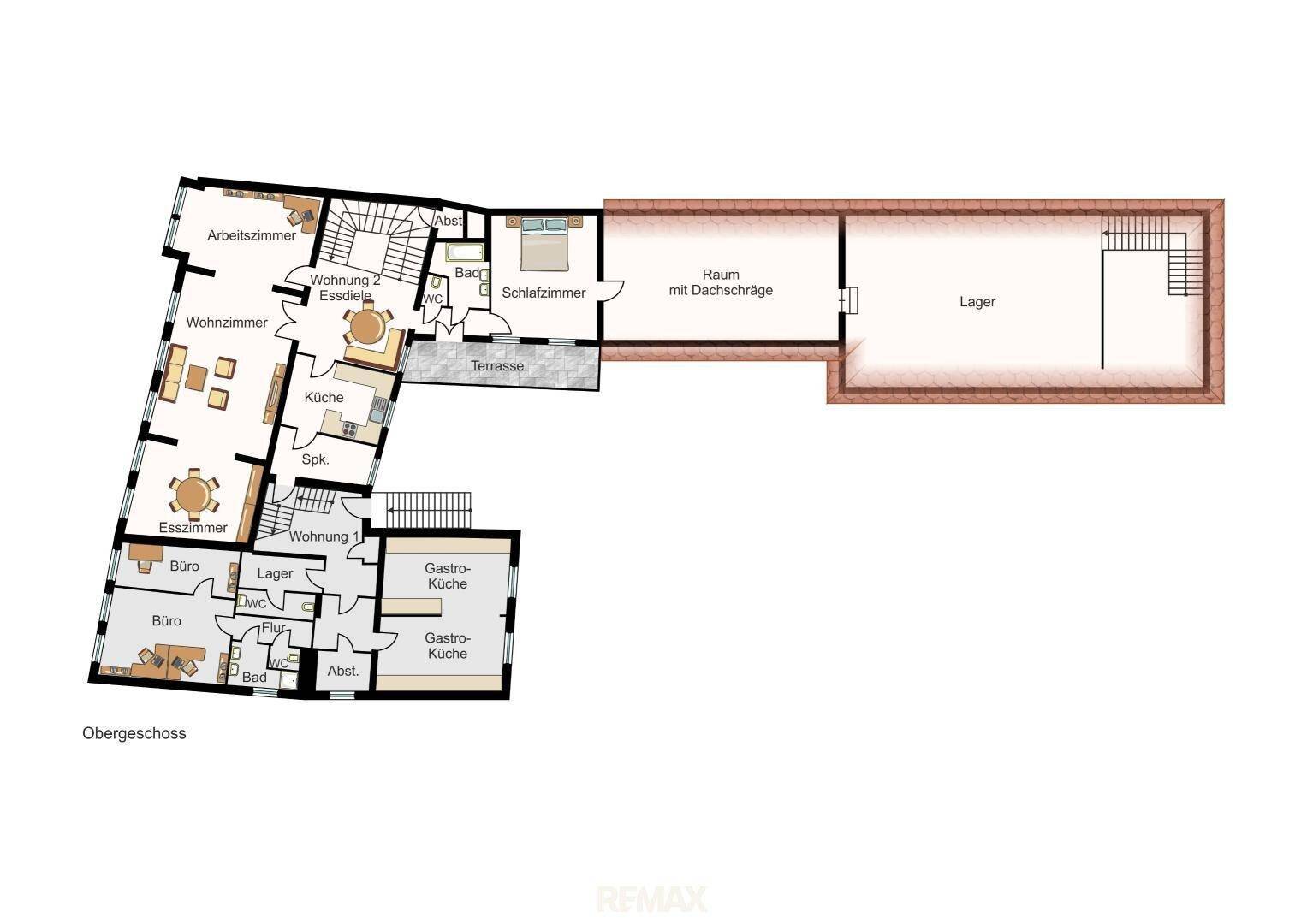 Grundriss des Obergeschosses mit mehreren Wohnungen, Büros, Bädern und einer Terrasse.