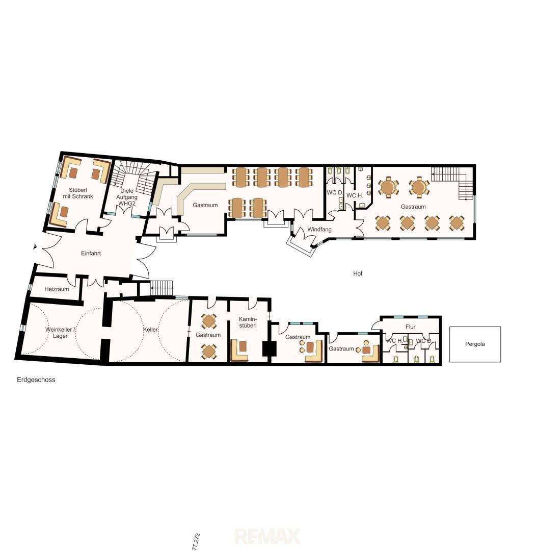 Grundriss des Erdgeschosses mit verschiedenen Gasträumen, Keller und Zugang zur Pergola.