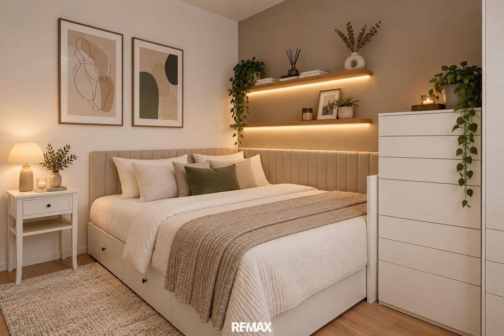 Gemütliches Schlafzimmer mit Doppelbett, indirekter Beleuchtung und Pflanzenakzenten.