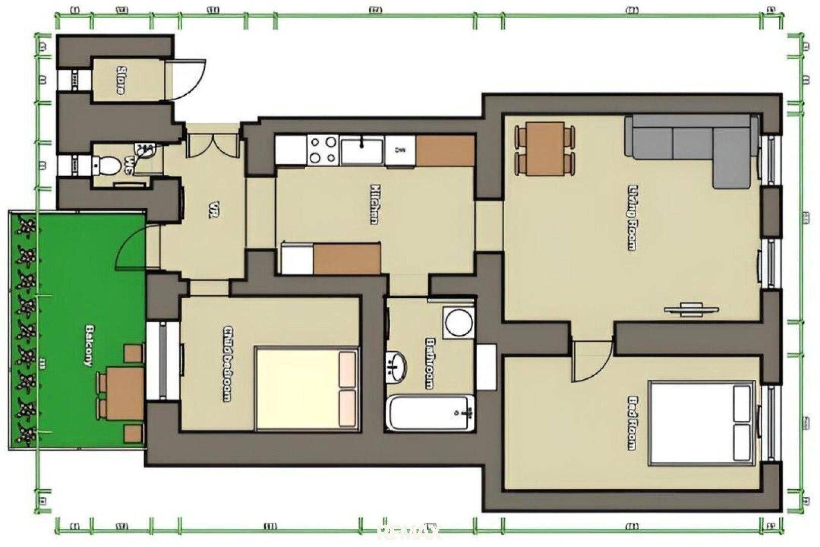 Grundriss der Wohnung mit drei Schlafzimmern, Balkon und offenem Wohnbereich.