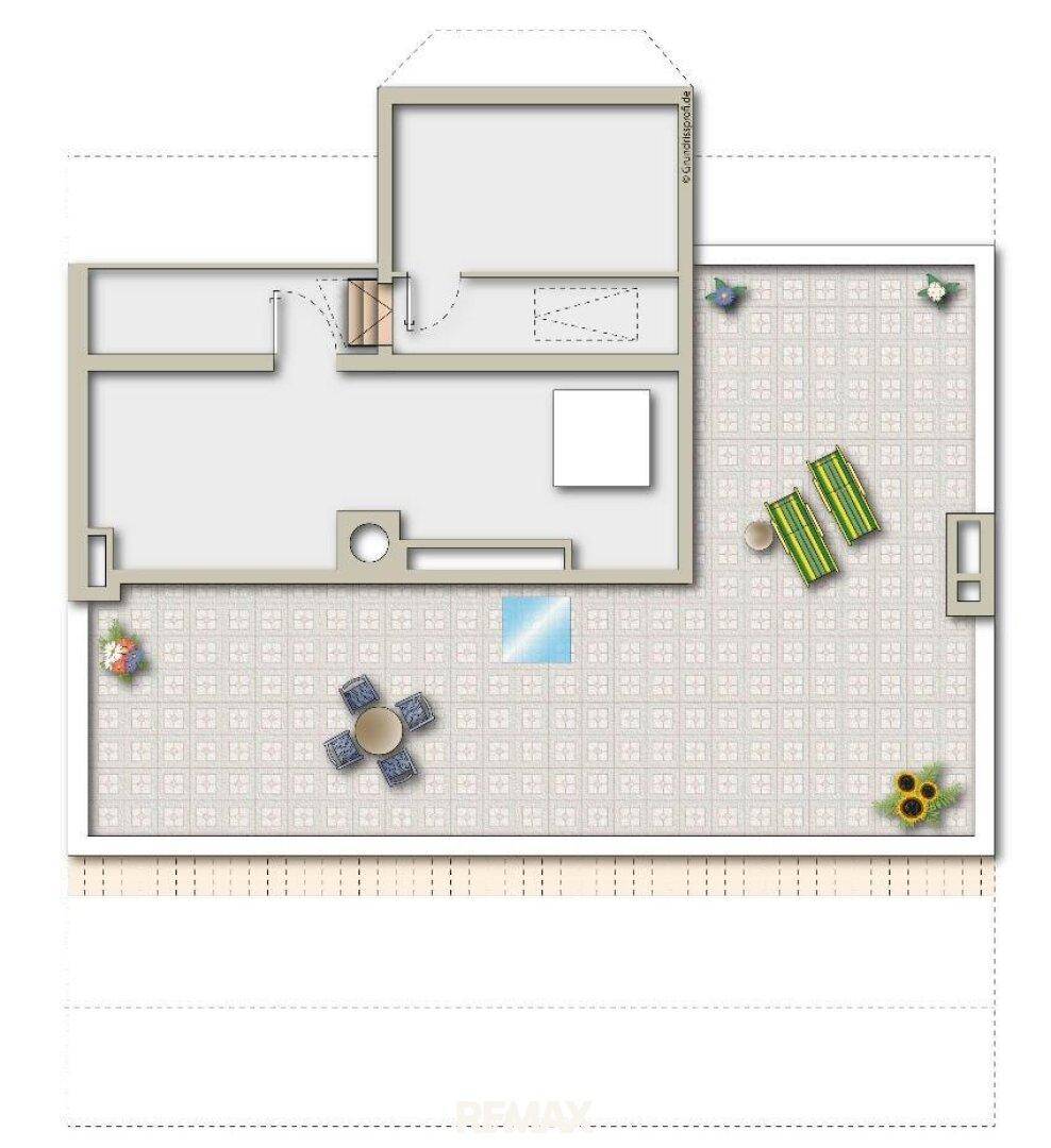 Grundriss einer Dachgeschosswohnung mit großer Terrasse und Außenmöbeln.