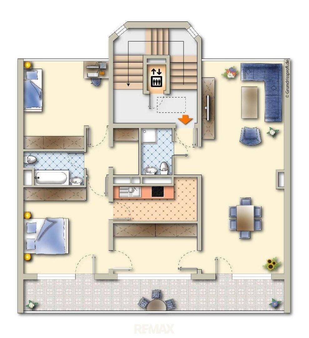 Detaillierter Grundriss einer Wohnung mit drei Schlafzimmern, zwei Bädern und einem Balkon.