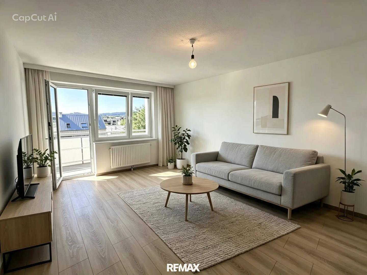 Helles Wohnzimmer mit Sofa, Couchtisch und Zugang zum Balkon.