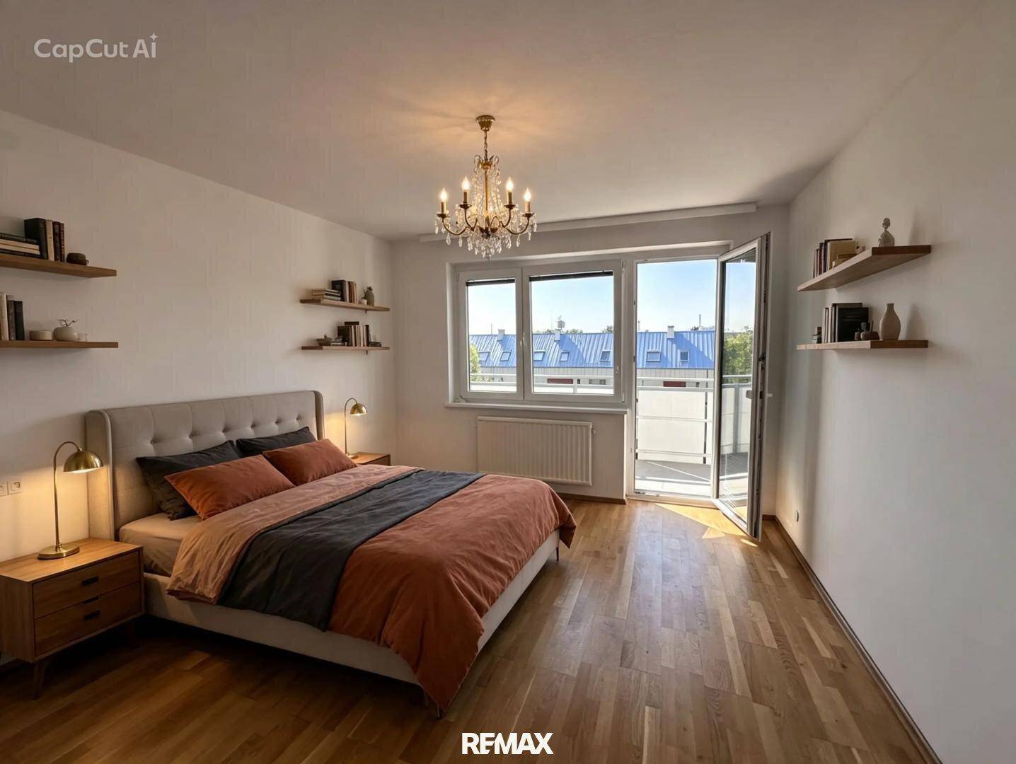 Gemütliches Schlafzimmer mit Doppelbett, Nachttischen und Balkonzugang.