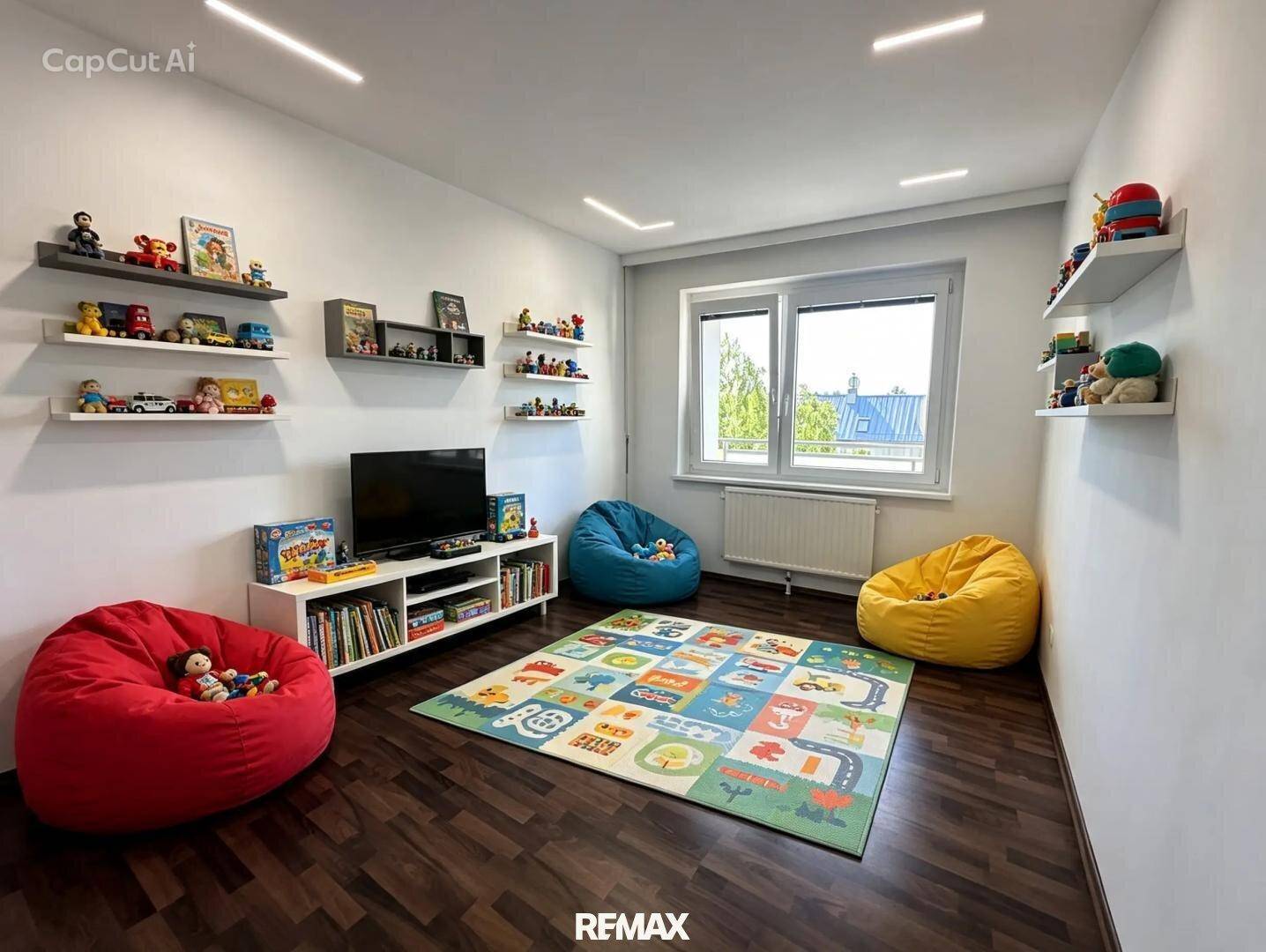 Kinderzimmer mit Spielteppich, Sitzsäcken und Regalen voller Spielzeug.