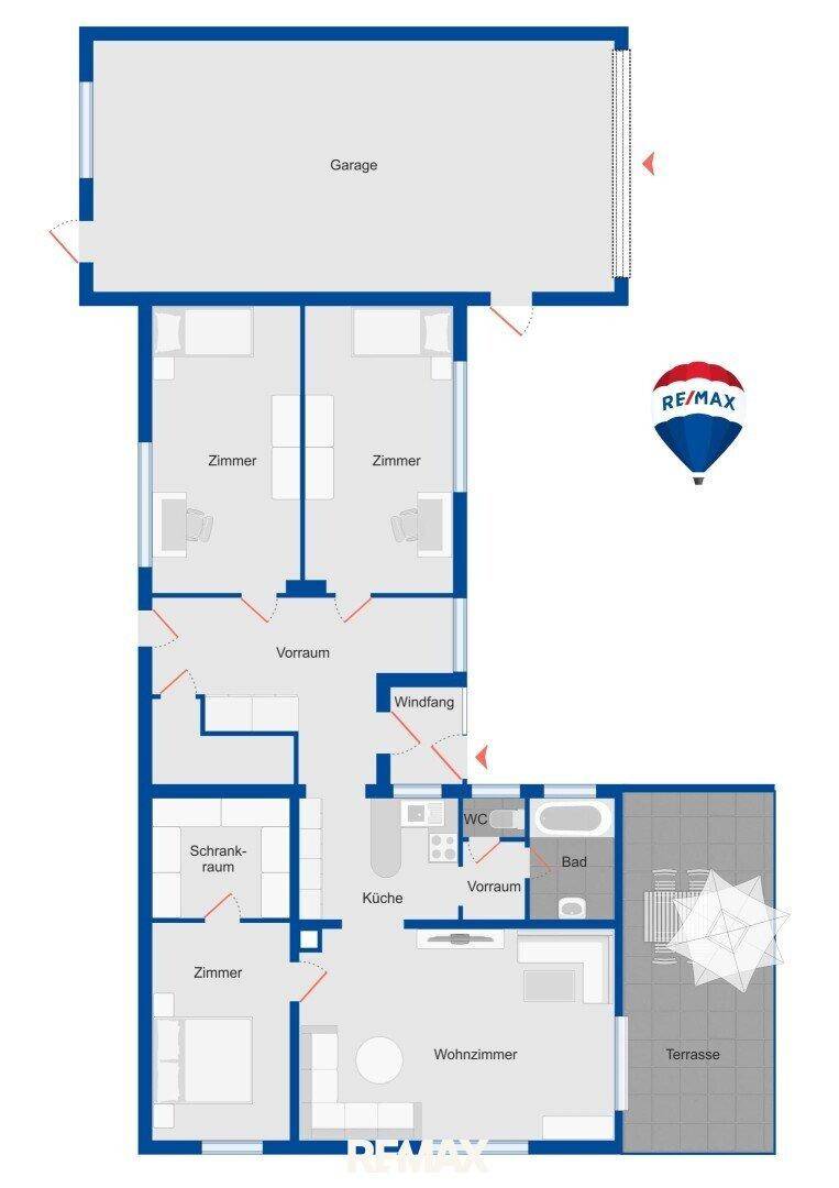 Detaillierter Grundriss des Hauses mit Garage, Zimmern, Küche und Terrasse.