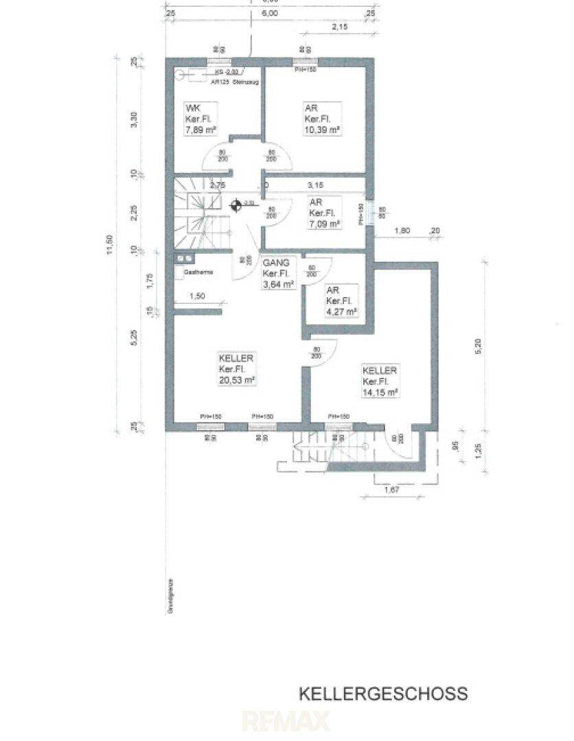 Grundriss des Kellergeschosses mit Abstellräumen und Technikraum.