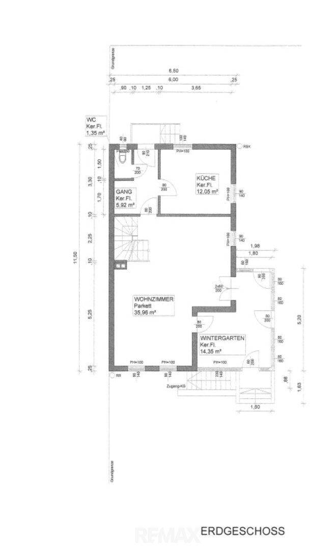 Grundriss des Erdgeschosses mit Wohnzimmer, Küche und Wintergarten.