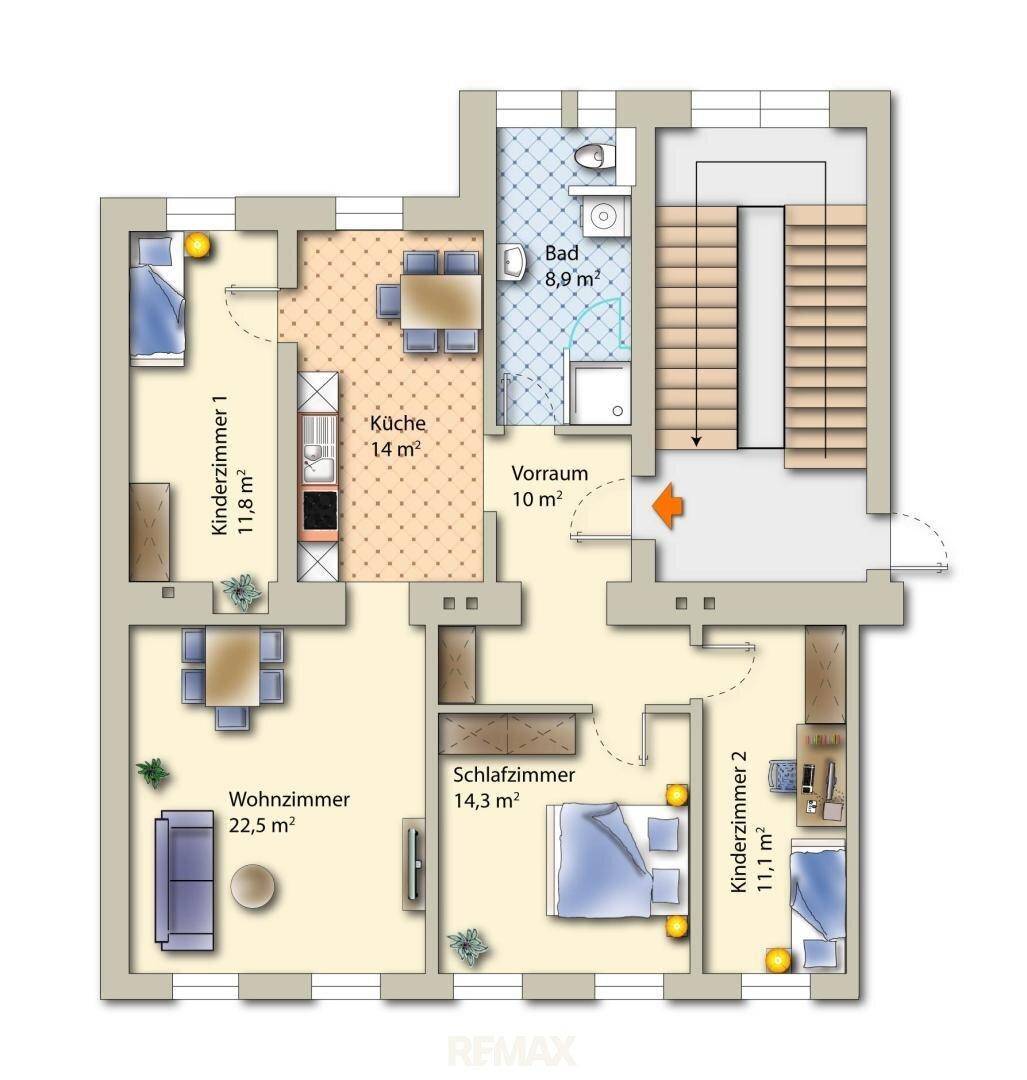 Detaillierter Grundriss einer Wohnung mit drei Zimmern, Küche und Bad auf 8,9 m².