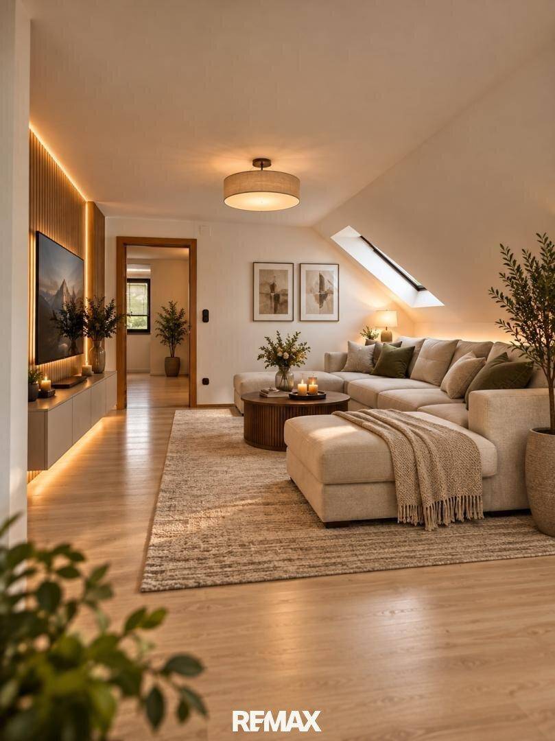 Modernes Wohnzimmer mit großem Ecksofa, Holzboden und indirekter Beleuchtung.