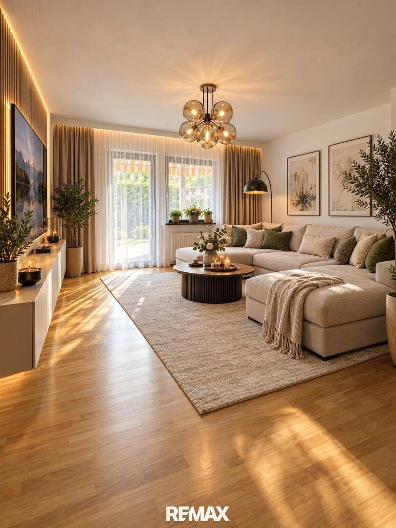 Modernes Wohnzimmer mit großem Ecksofa, Holzboden und indirekter Beleuchtung.