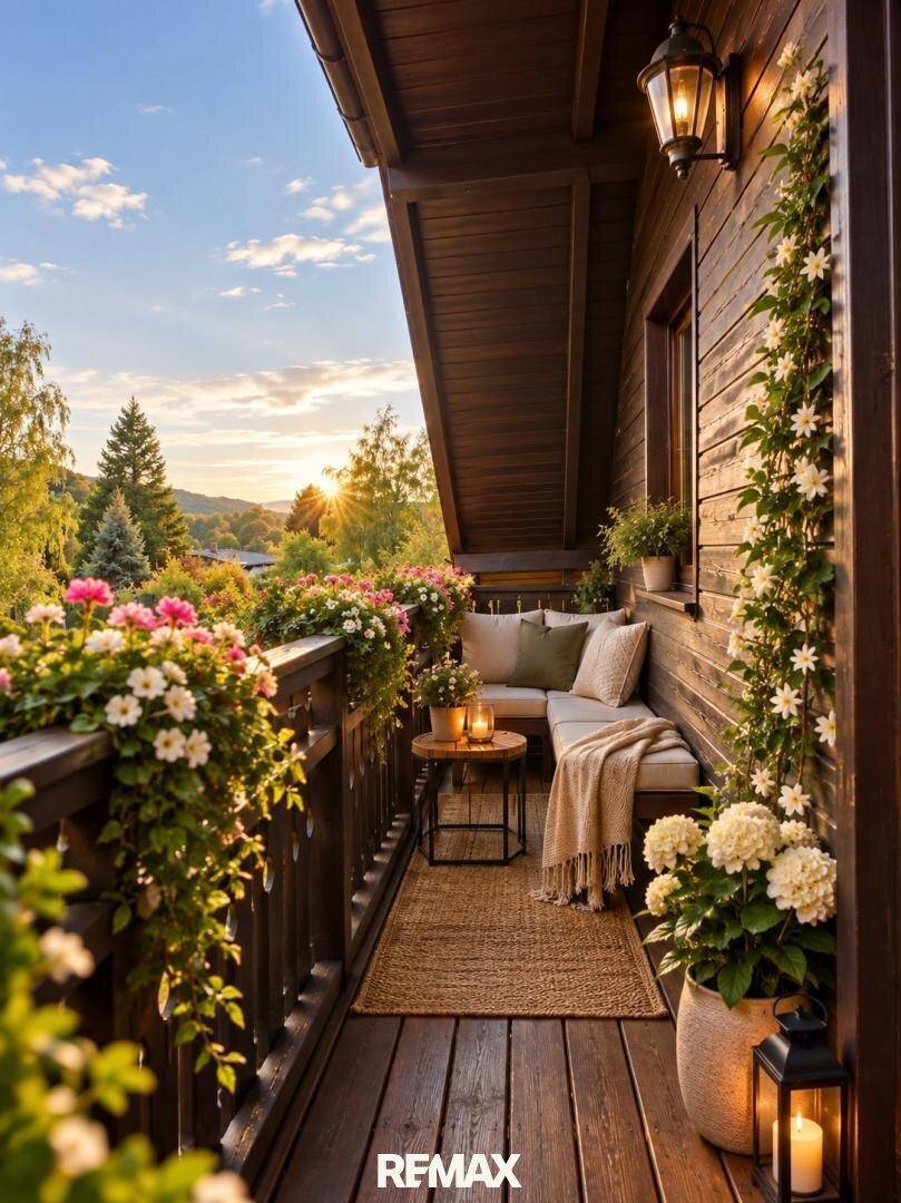 Romantischer Balkon mit Blumenkästen, Sitzgelegenheiten und Abendsonne.