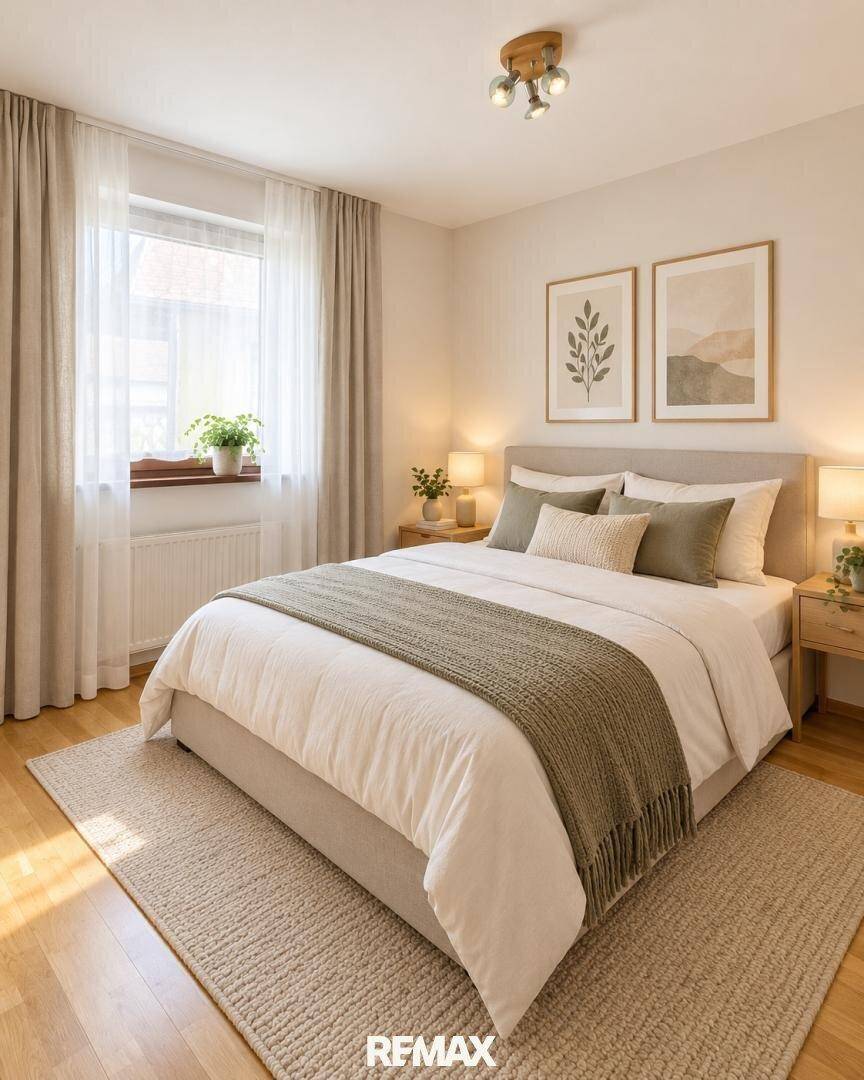 Helles Schlafzimmer mit Doppelbett, Holzboden und schlichten, modernen Möbeln.