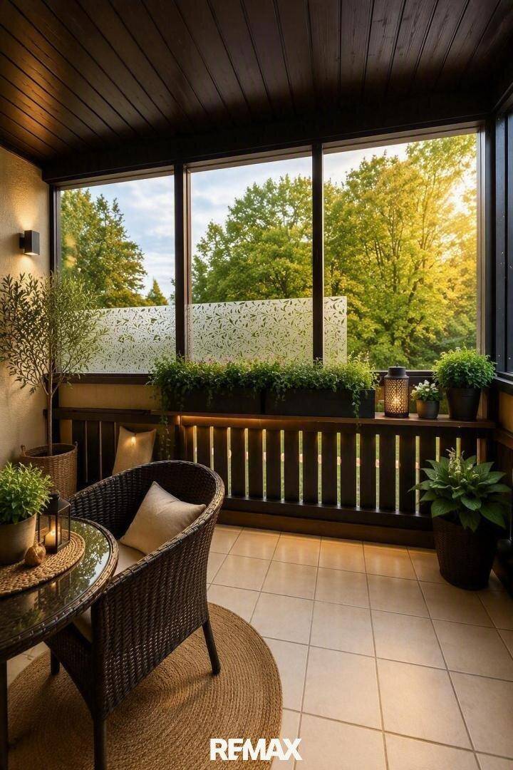 Gemütliche verglaste Loggia mit Sitzgelegenheiten und Blick ins Grüne.