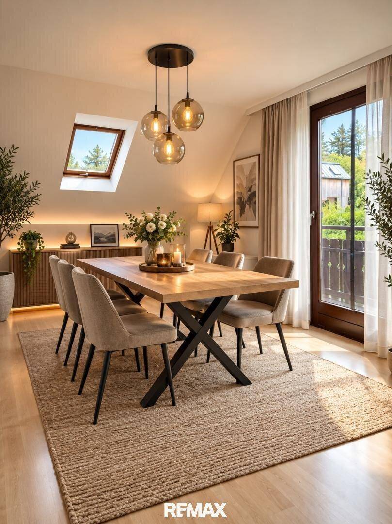 Heller Essbereich mit großem Holztisch, modernen Stühlen und Dachfenster.