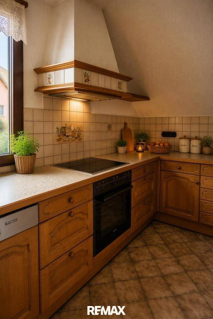 Traditionelle Küche mit Holzeinbauten, Kochfeld und Backofen.