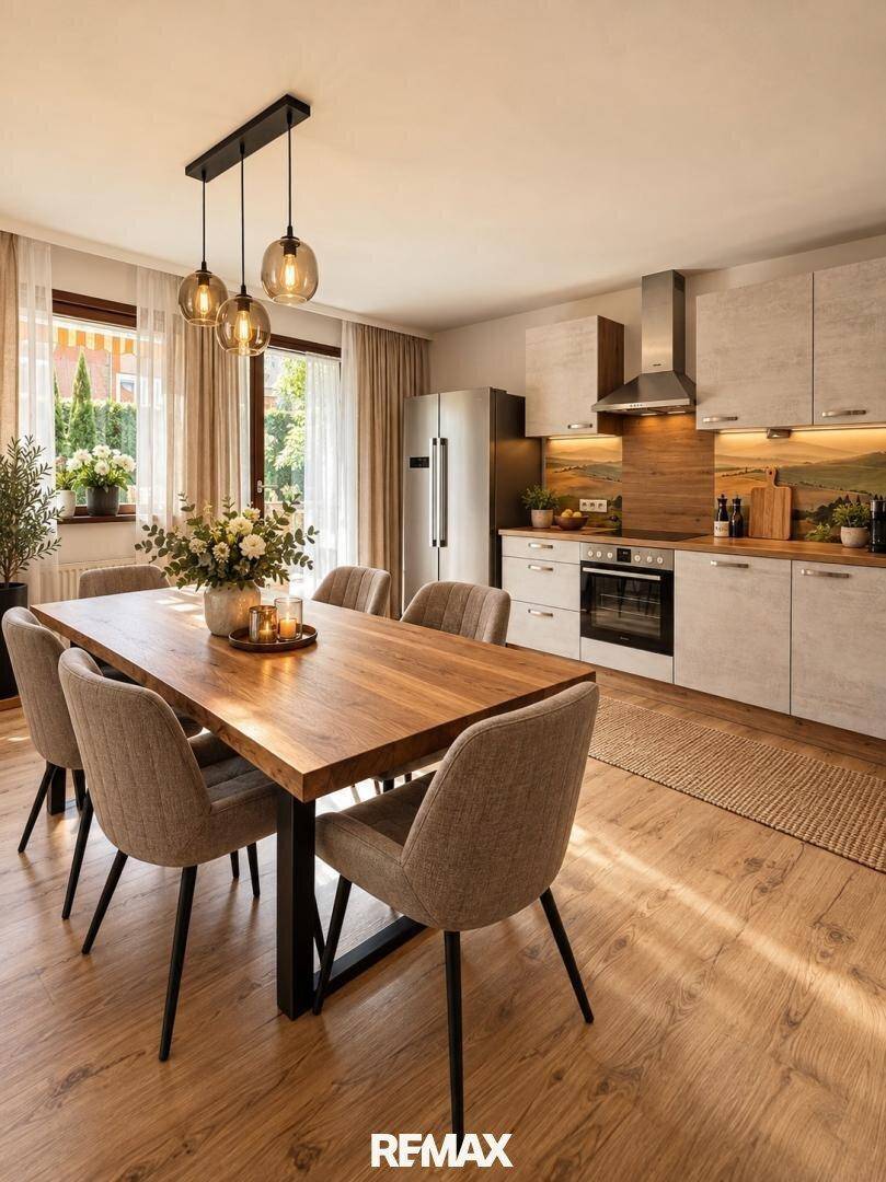 Moderne Wohnküche mit Esstisch, hellen Schränken und Holzboden.