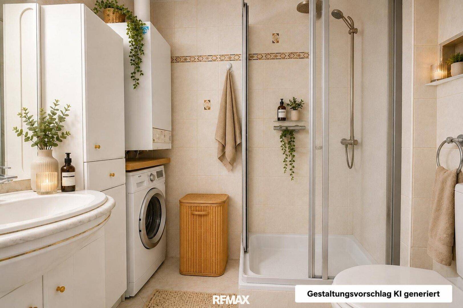 Badezimmer mit Dusche, Waschbecken und Waschmaschine, hell gefliest und dekoriert.