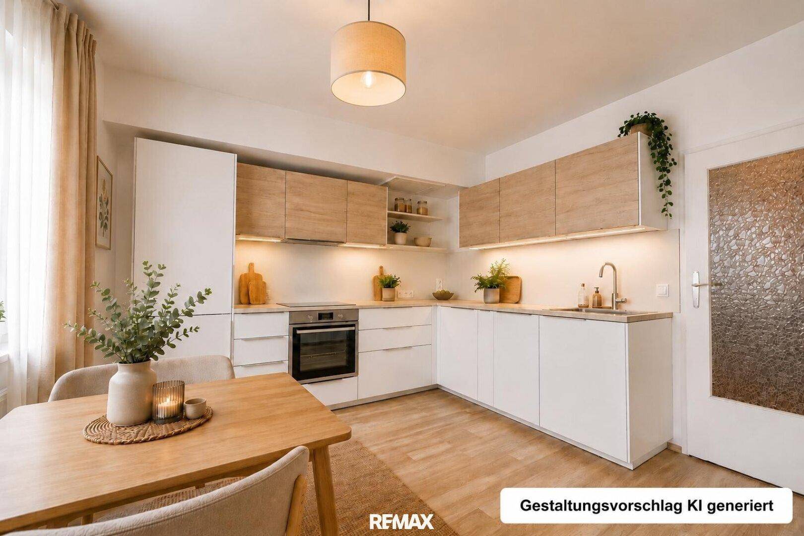 Moderne Küche mit weißen und holzfarbenen Schränken, integrierten Geräten und Essbereich.