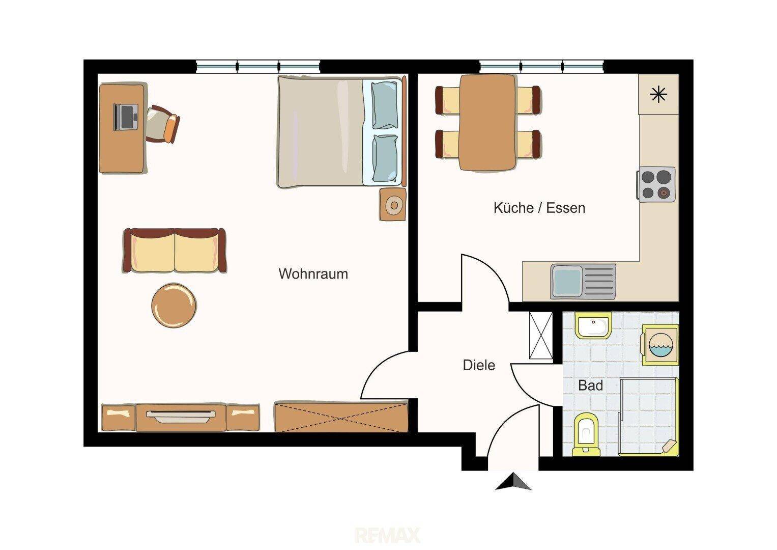 Grundriss zeigt eine Wohnung mit Wohnraum, Küche/Essen, Diele und Bad.