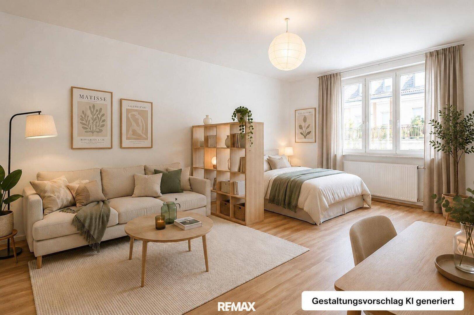 Helles Studio-Apartment mit Wohnbereich, Schlafbereich und großen Fenstern.