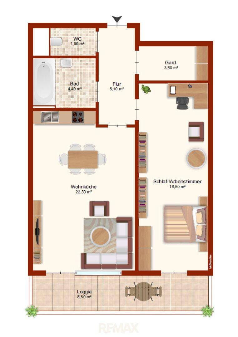 Detaillierter Grundriss einer Wohnung mit Wohnküche, Schlafzimmer, Bad, WC und Loggia.
