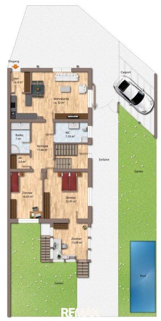 Grundriss mit drei Schlafzimmern, offenem Wohnbereich, Carport und Pool im Gartenbereich.
