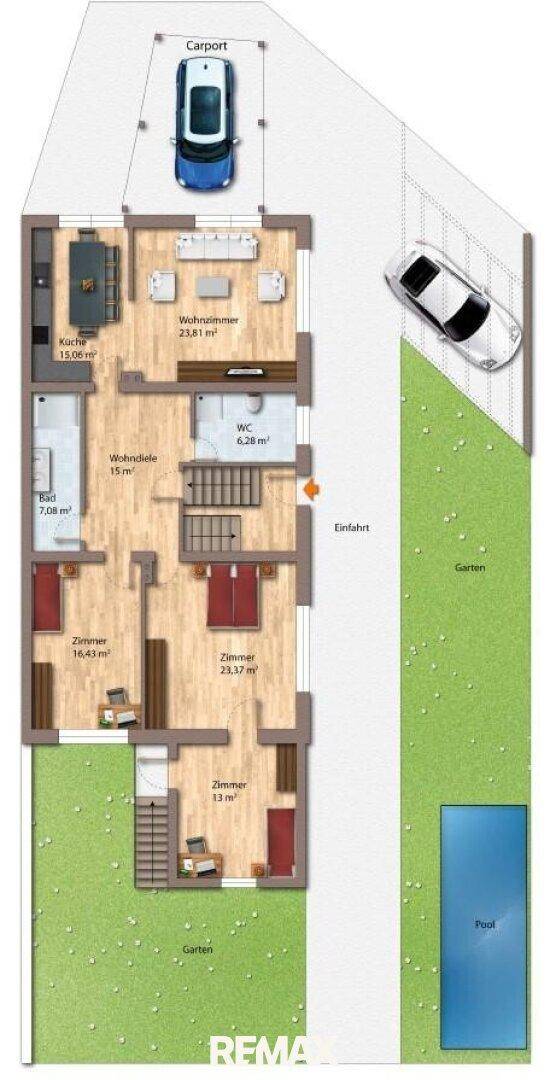 Grundriss mit drei Schlafzimmern, offenem Wohnbereich, Carport und Pool im Gartenbereich.