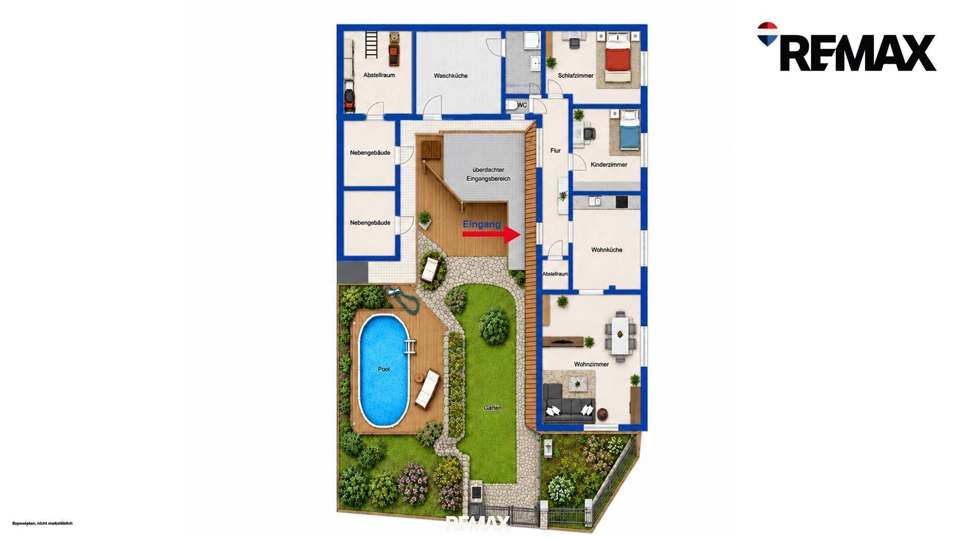 Detaillierter Grundriss des Hauses mit Raumaufteilung, Garten, Pool und Eingangsbereich.
