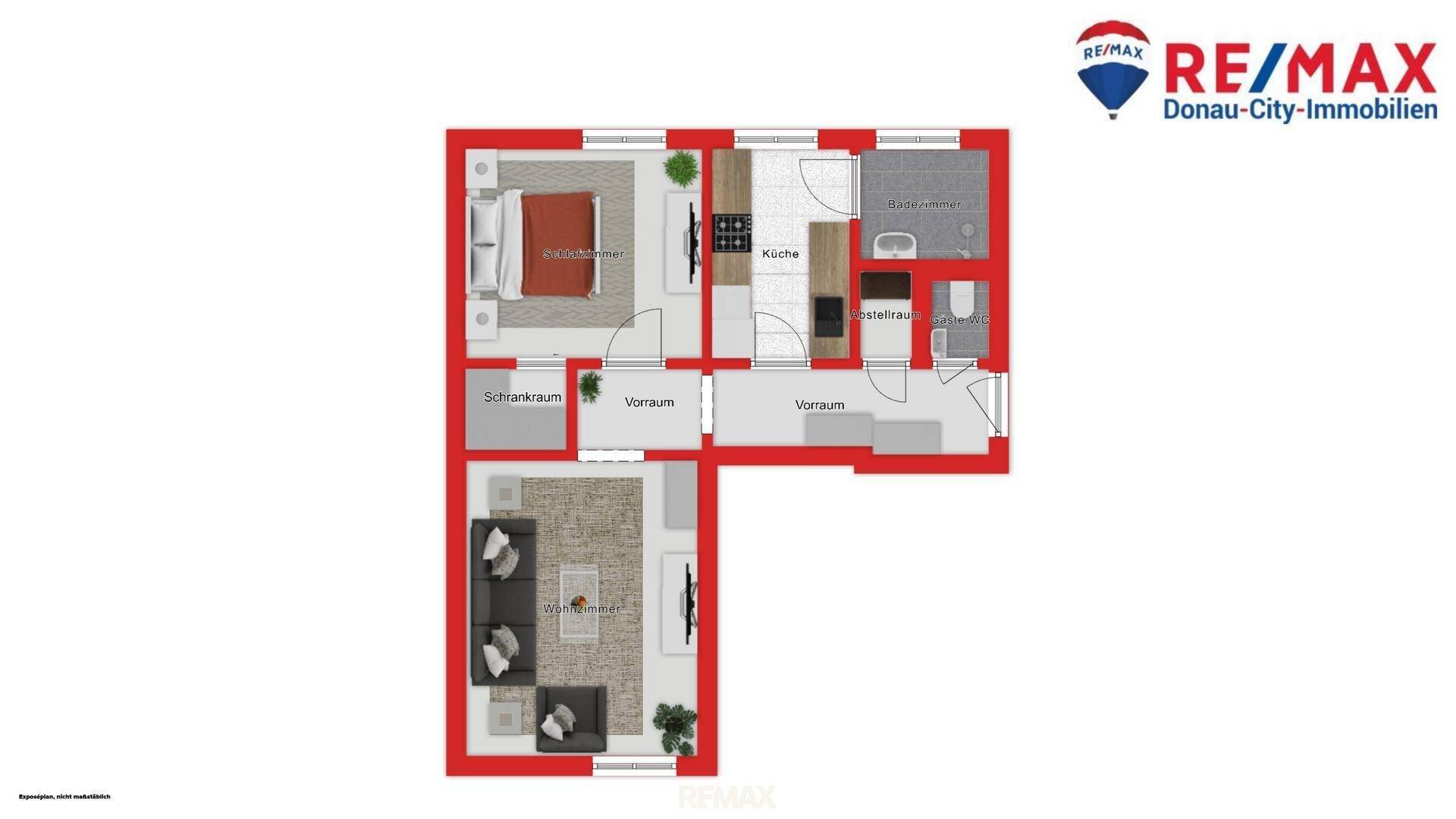 Detaillierter Grundriss einer Wohnung mit Schlafzimmer, Wohnbereich, Küche und Bad.
