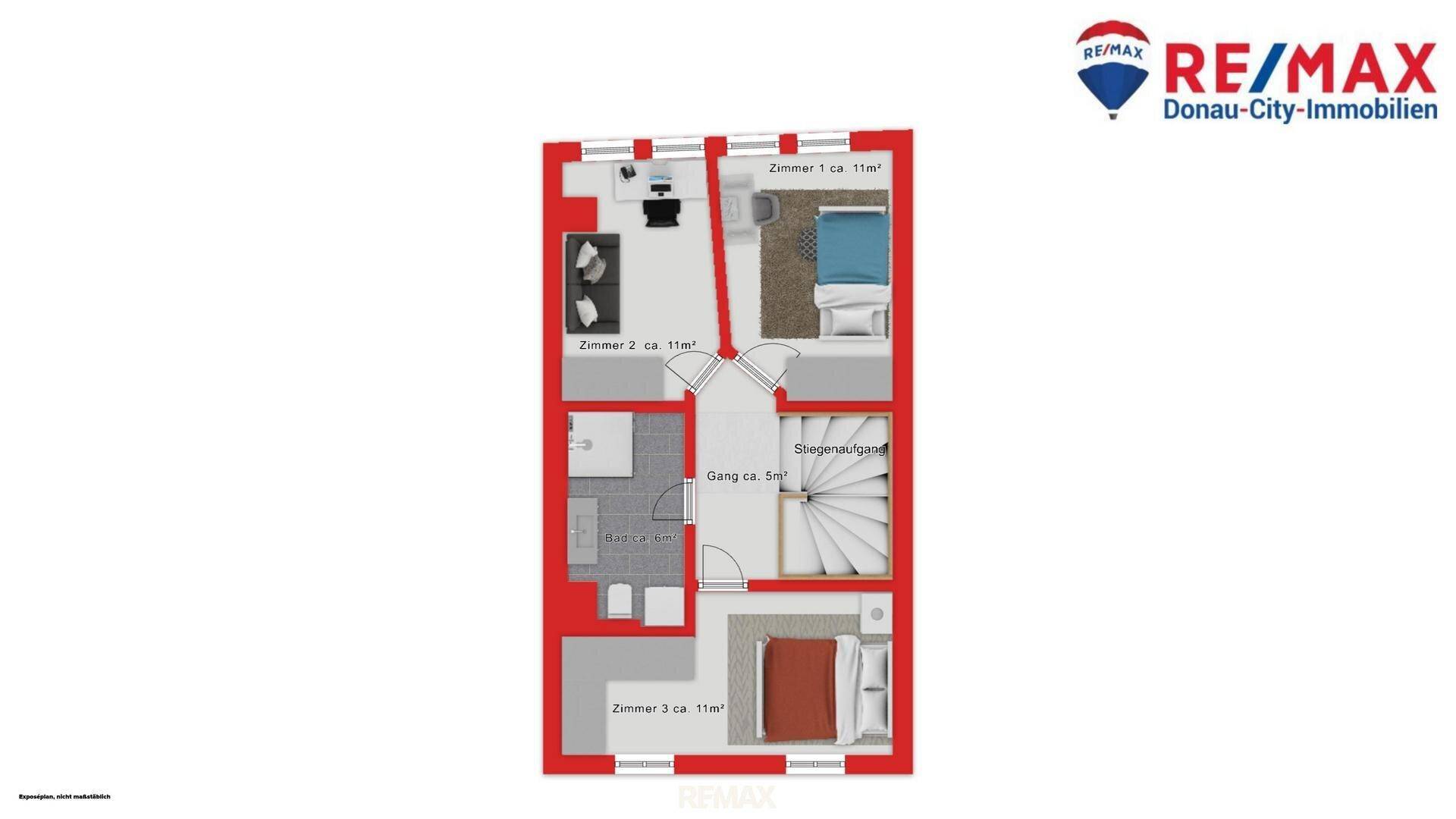 Grundrissplan einer Etage mit drei Schlafzimmern, Bad und Treppenaufgang.