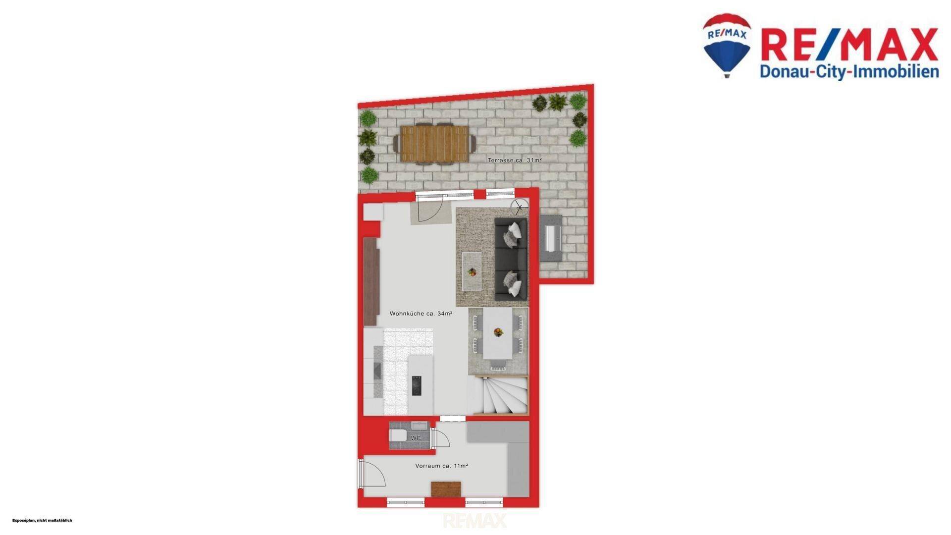 Grundrissplan einer Etage mit Terrasse, offenem Wohnbereich und Küche.