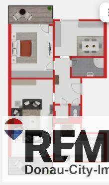 Grundriss der Wohnung mit Aufteilung in Schlafzimmer, Wohnbereich und Balkon.