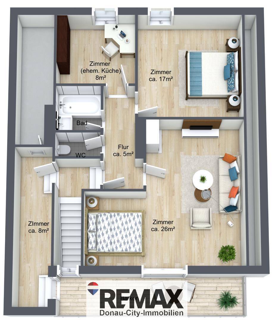 Grundriss des Obergeschosses mit mehreren Zimmern, Bad und Balkon.