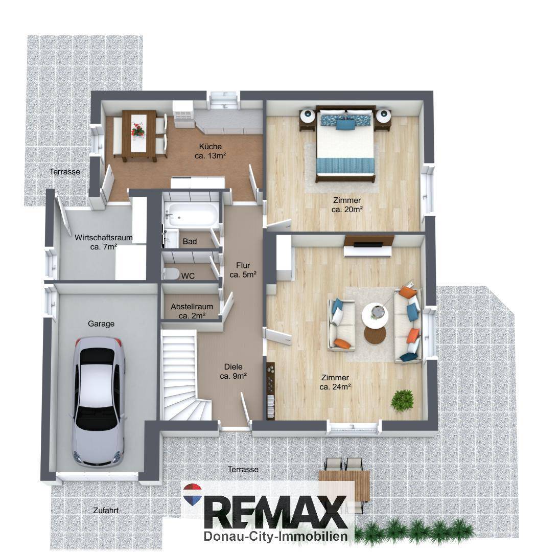 Grundriss des Erdgeschosses mit Garage, Küche, Wohnzimmer und Terrasse.