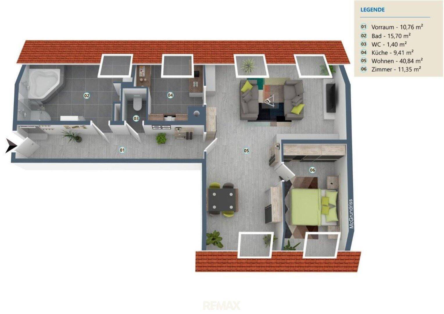 Detaillierter Grundriss einer Dachgeschosswohnung mit Wohn-, Schlaf- und Badezimmerbereichen.