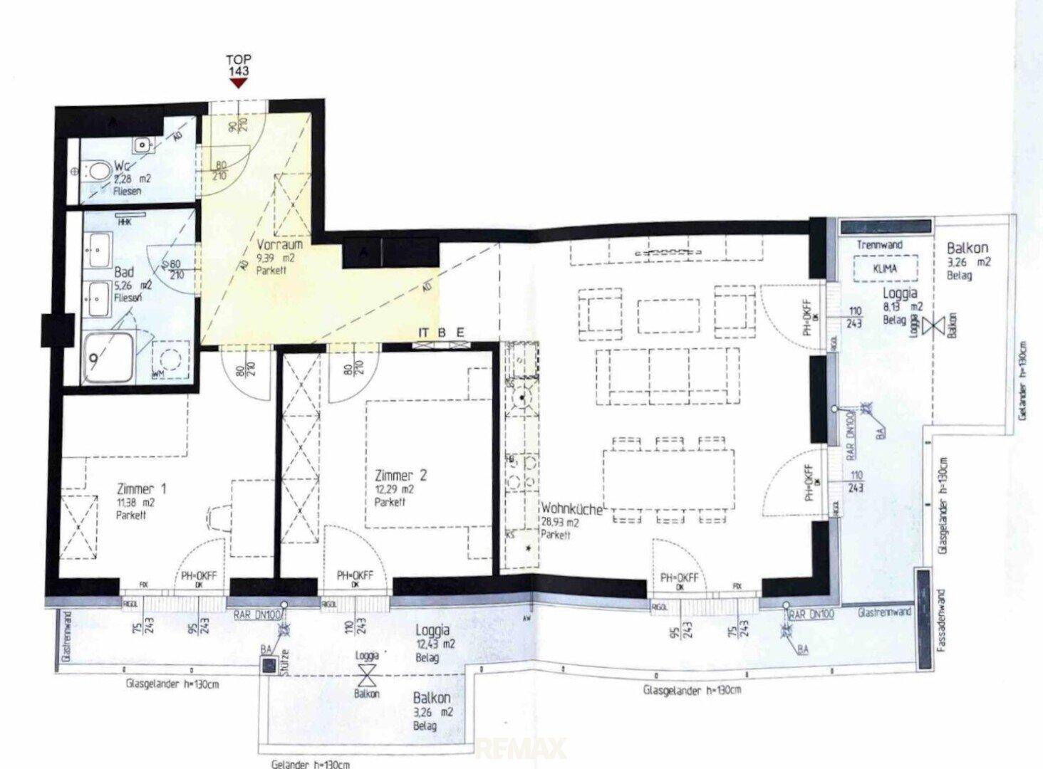 Detaillierter Grundriss mit zwei Schlafzimmern, Wohnküche, Bad, WC, Balkonen und Loggien.