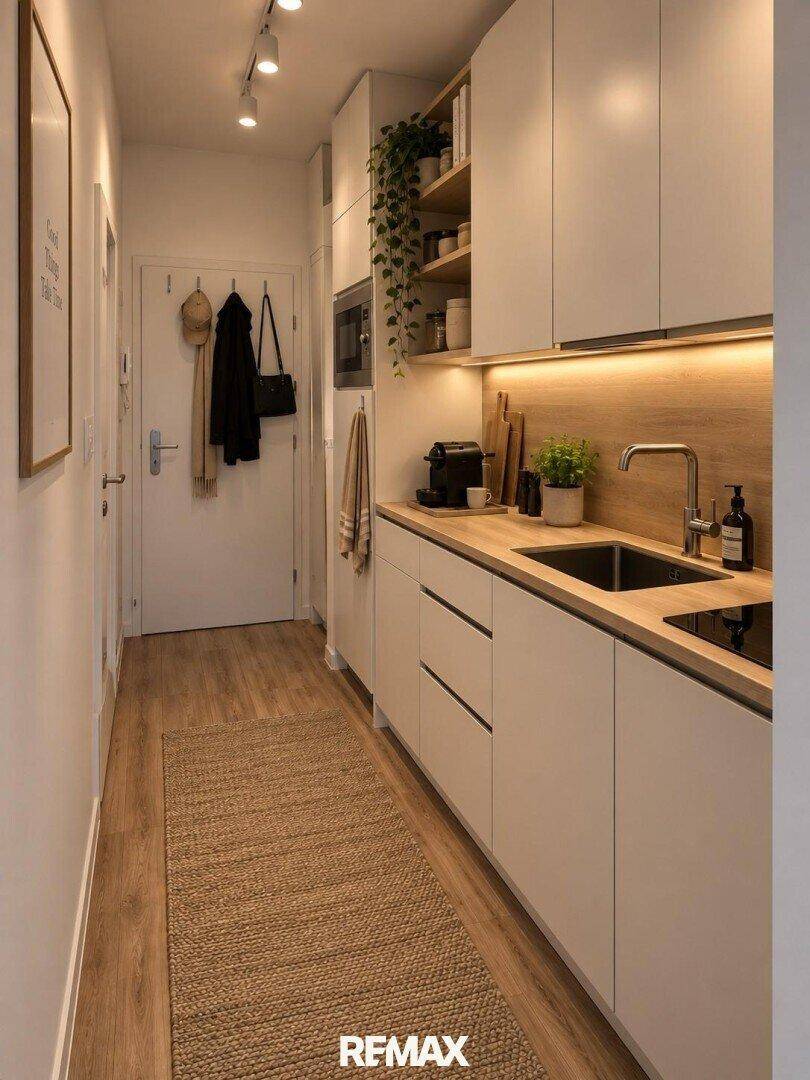 Moderne Küchenzeile mit Holzdetails, integrierten Geräten und Beleuchtung.