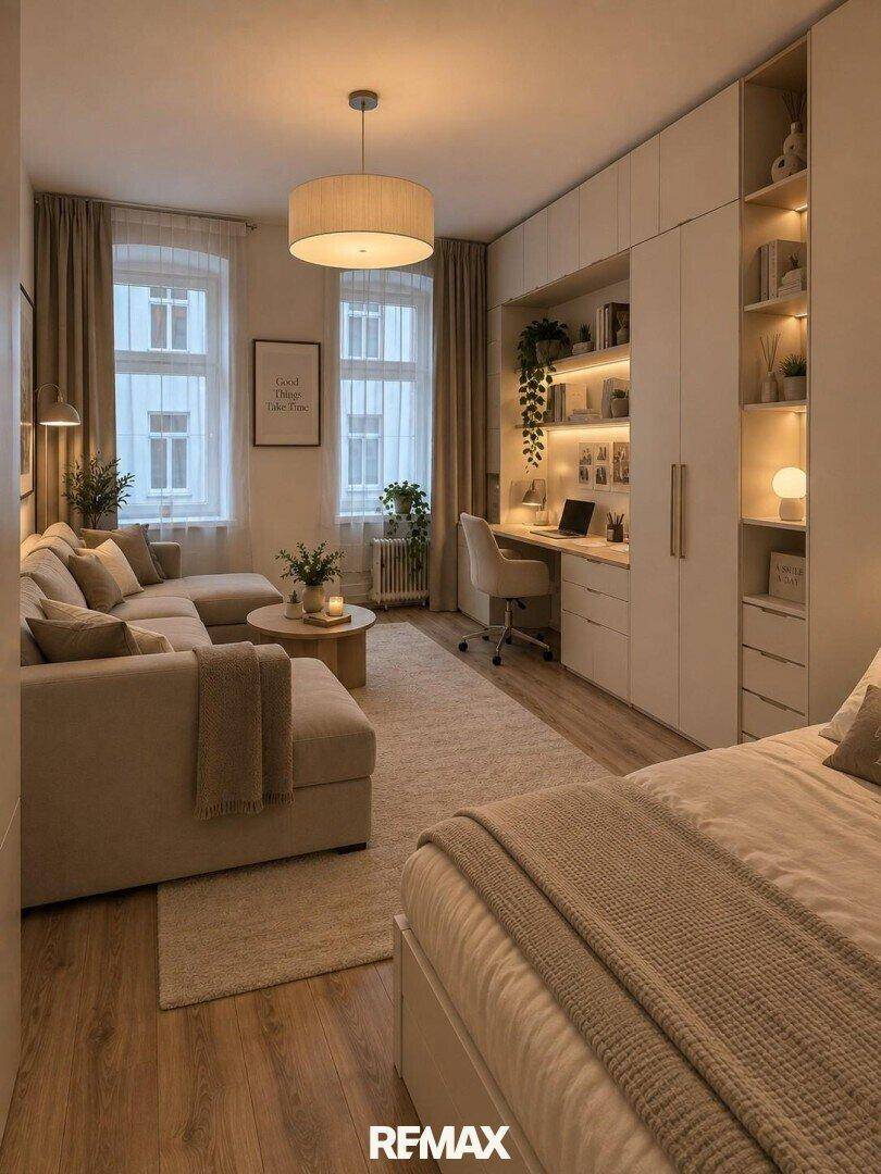 Helles, modern eingerichtetes Wohnzimmer mit Schlafbereich und Einbauschränken.